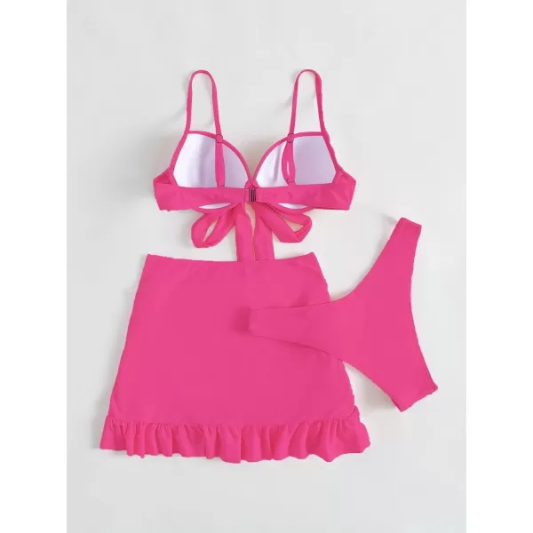 WDIRARA Women's 3 Pieces Tie Front Push Up Bikini Swimsuit with Ruched Ruffle Hem Beach Skirt
