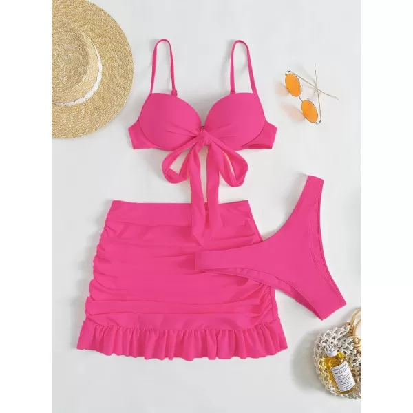 WDIRARA Women's 3 Pieces Tie Front Push Up Bikini Swimsuit with Ruched Ruffle Hem Beach Skirt