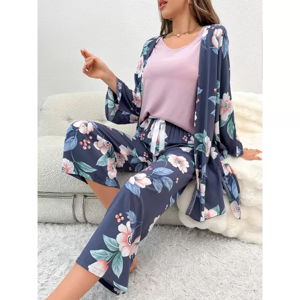 WDIRARA Women's 3 pcs Sleepwear Leaf Print Cami and Pants Pajama Set with Robe