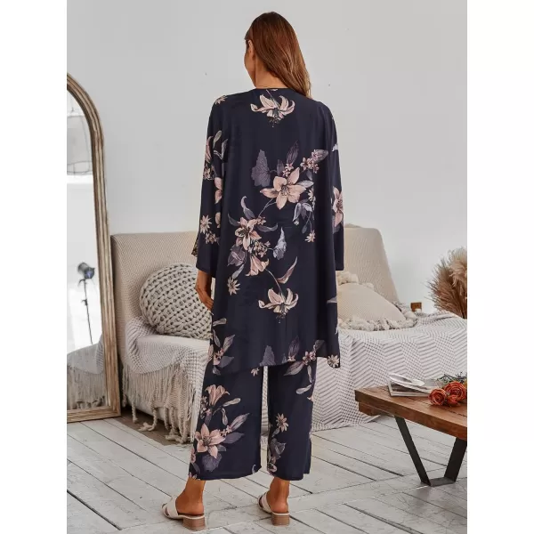 WDIRARA Women's 3 pcs Sleepwear Leaf Print Cami and Pants Pajama Set with Robe