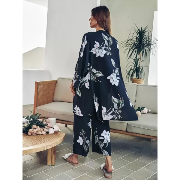 WDIRARA Women's 3 pcs Sleepwear Leaf Print Cami and Pants Pajama Set with Robe