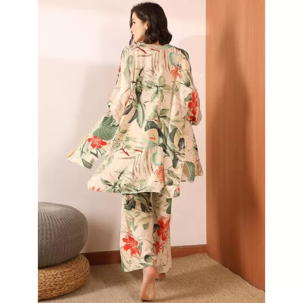 WDIRARA Women's 3 pcs Sleepwear Leaf Print Cami and Pants Pajama Set with Robe