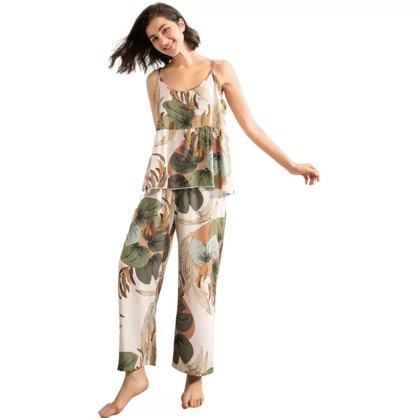 WDIRARA Women's 3 pcs Sleepwear Leaf Print Cami and Pants Pajama Set with Robe