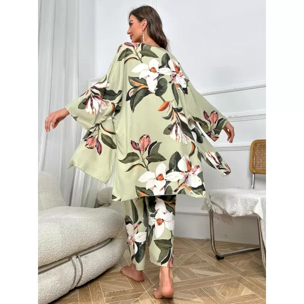 WDIRARA Women's 3 pcs Sleepwear Leaf Print Cami and Pants Pajama Set with Robe