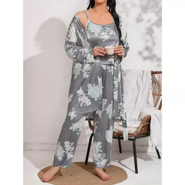 WDIRARA Women's 3 pcs Sleepwear Leaf Print Cami and Pants Pajama Set with Robe