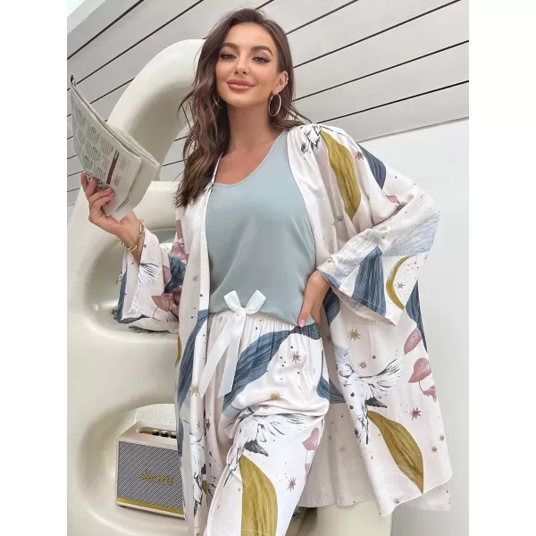 WDIRARA Women's 3 pcs Sleepwear Leaf Print Cami and Pants Pajama Set with Robe