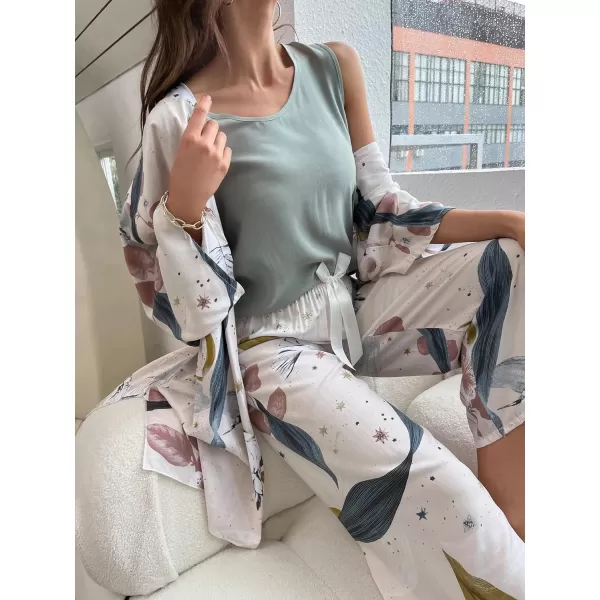 WDIRARA Women's 3 pcs Sleepwear Leaf Print Cami and Pants Pajama Set with Robe