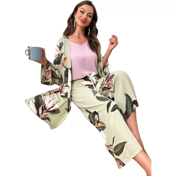 WDIRARA Women's 3 pcs Sleepwear Leaf Print Cami and Pants Pajama Set with Robe