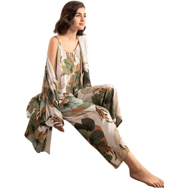 WDIRARA Women's 3 pcs Sleepwear Leaf Print Cami and Pants Pajama Set with Robe
