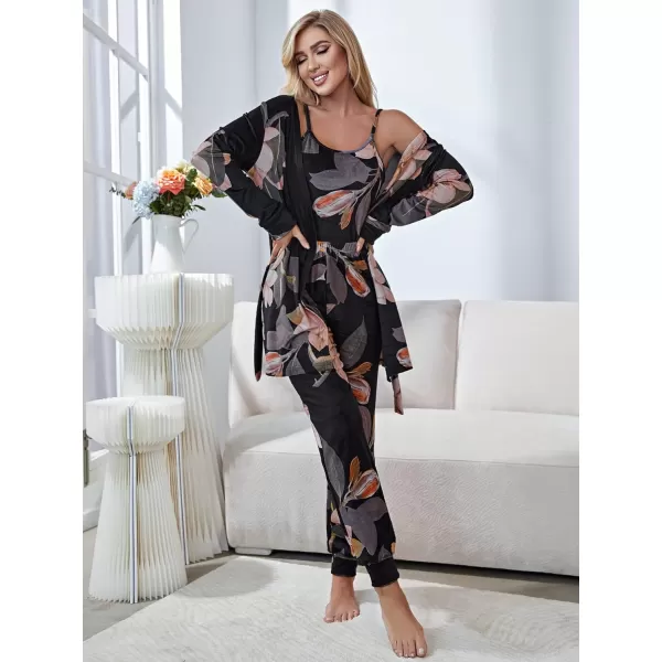 WDIRARA Women's 3 pcs Sleepwear Leaf Print Cami and Pants Pajama Set with Robe