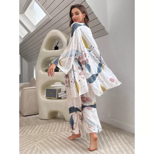 WDIRARA Women's 3 pcs Sleepwear Leaf Print Cami and Pants Pajama Set with Robe