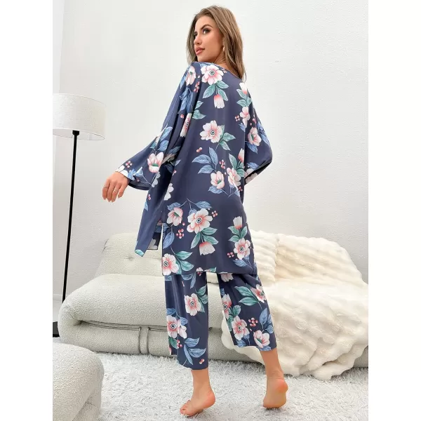 WDIRARA Women's 3 pcs Sleepwear Leaf Print Cami and Pants Pajama Set with Robe