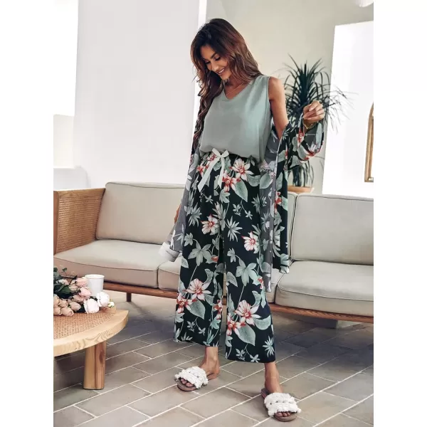WDIRARA Women's 3 pcs Sleepwear Leaf Print Cami and Pants Pajama Set with Robe