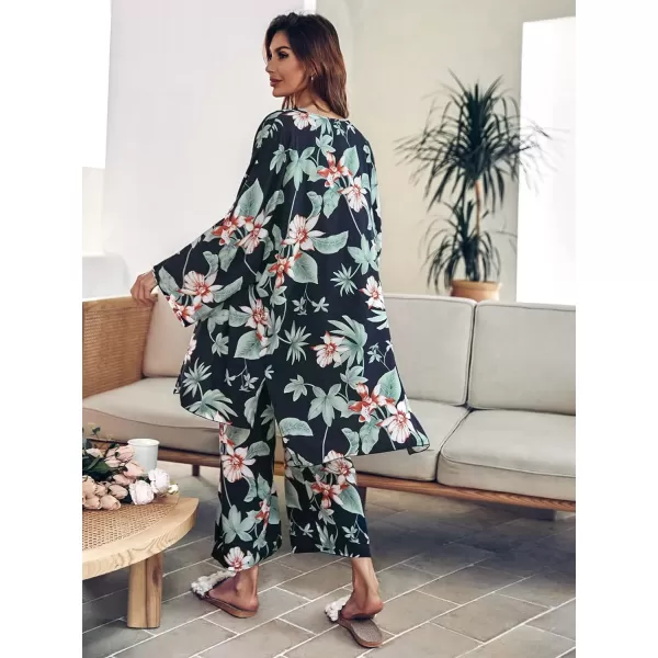 WDIRARA Women's 3 pcs Sleepwear Leaf Print Cami and Pants Pajama Set with Robe