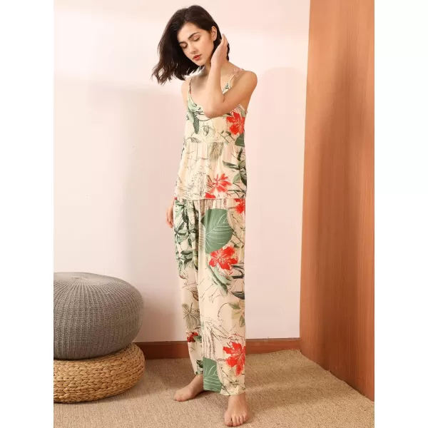 WDIRARA Women's 3 pcs Sleepwear Leaf Print Cami and Pants Pajama Set with Robe