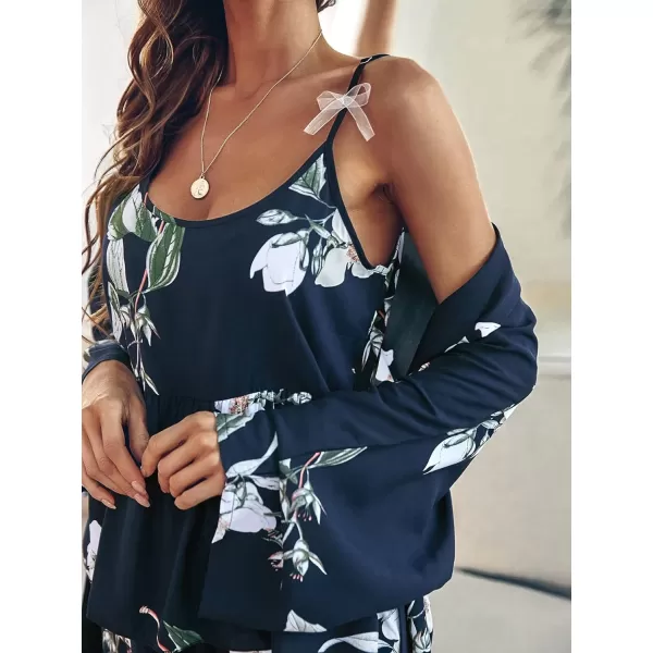 WDIRARA Women's 3 pcs Sleepwear Leaf Print Cami and Pants Pajama Set with Robe