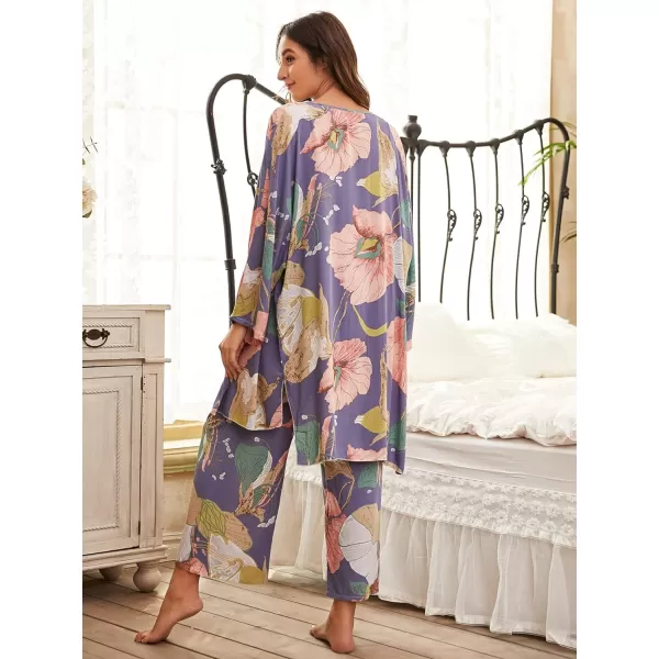 WDIRARA Women's 3 pcs Sleepwear Leaf Print Cami and Pants Pajama Set with Robe