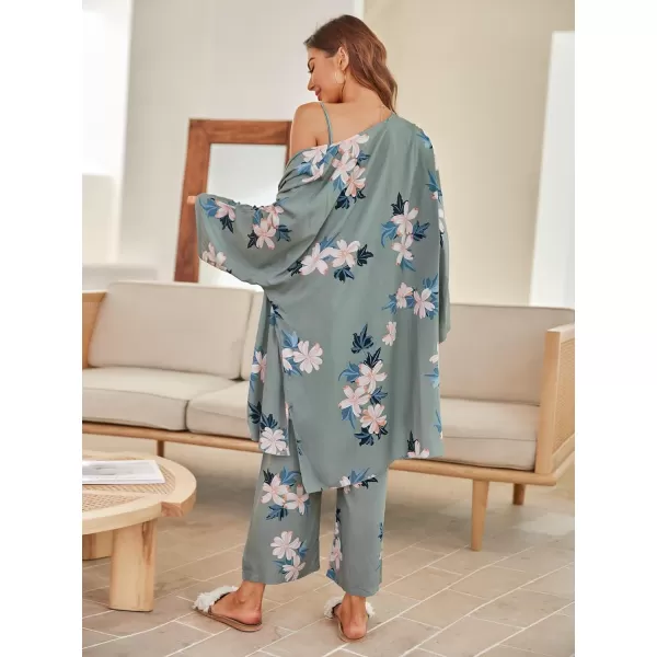 WDIRARA Women's 3 pcs Sleepwear Leaf Print Cami and Pants Pajama Set with Robe