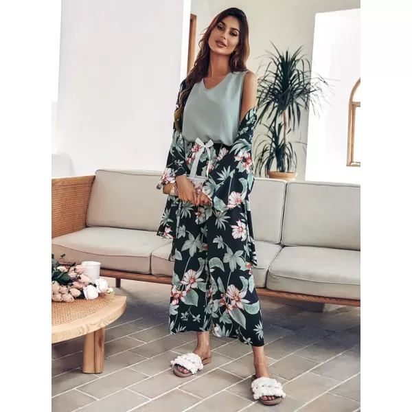 WDIRARA Women's 3 pcs Sleepwear Leaf Print Cami and Pants Pajama Set with Robe