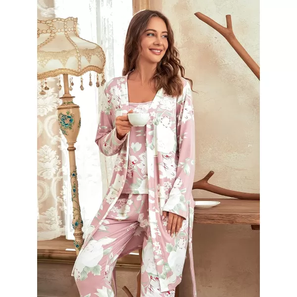 WDIRARA Women's 3 pcs Sleepwear Leaf Print Cami and Pants Pajama Set with Robe