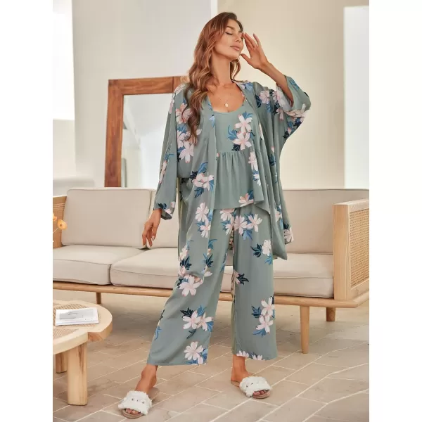 WDIRARA Women's 3 pcs Sleepwear Leaf Print Cami and Pants Pajama Set with Robe