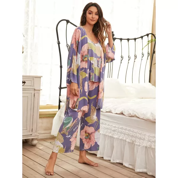 WDIRARA Women's 3 pcs Sleepwear Leaf Print Cami and Pants Pajama Set with Robe