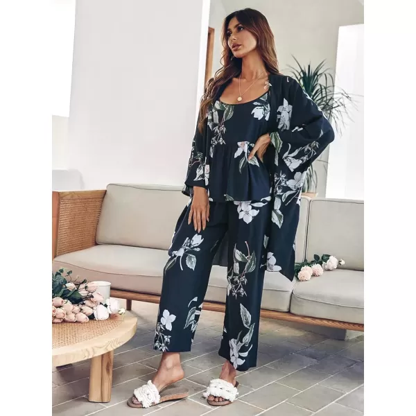 WDIRARA Women's 3 pcs Sleepwear Leaf Print Cami and Pants Pajama Set with Robe
