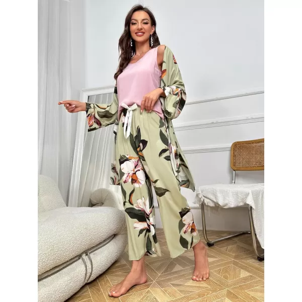 WDIRARA Women's 3 pcs Sleepwear Leaf Print Cami and Pants Pajama Set with Robe