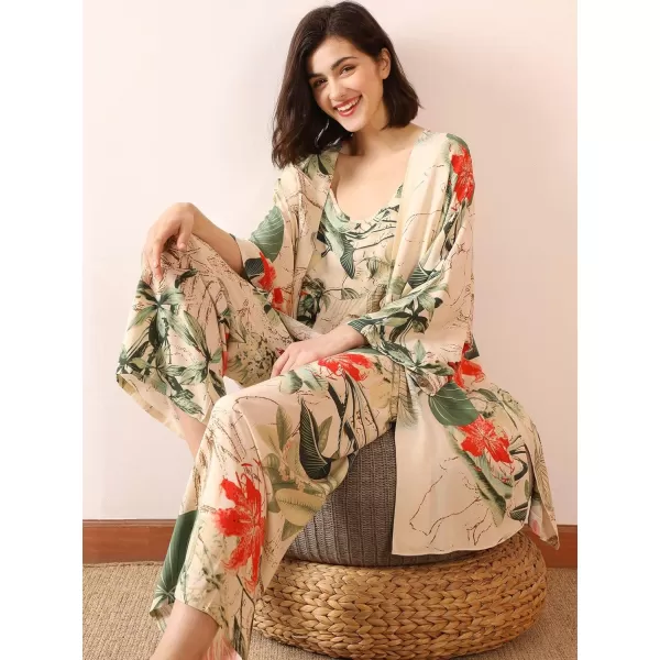 WDIRARA Women's 3 pcs Sleepwear Leaf Print Cami and Pants Pajama Set with Robe