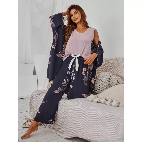 WDIRARA Women's 3 pcs Sleepwear Leaf Print Cami and Pants Pajama Set with Robe