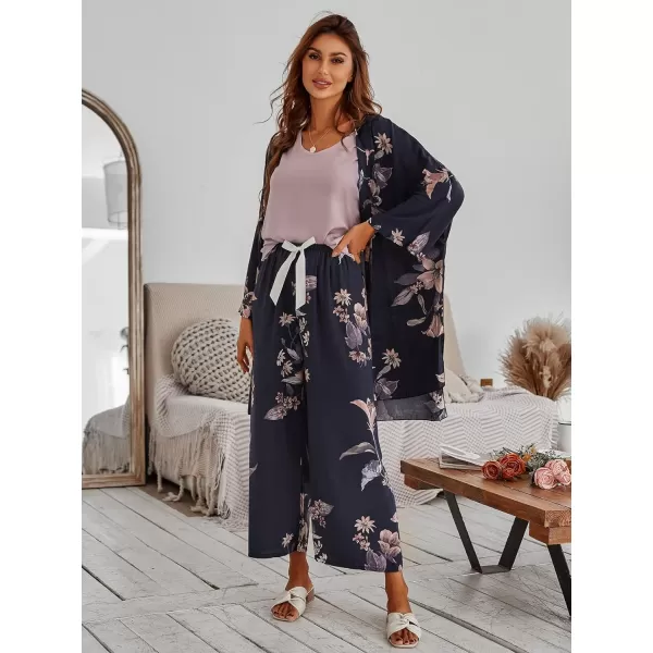 WDIRARA Women's 3 pcs Sleepwear Leaf Print Cami and Pants Pajama Set with Robe