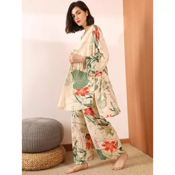 WDIRARA Women's 3 pcs Sleepwear Leaf Print Cami and Pants Pajama Set with Robe