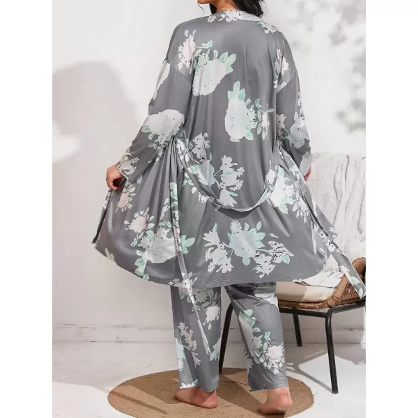 WDIRARA Women's 3 pcs Sleepwear Leaf Print Cami and Pants Pajama Set with Robe
