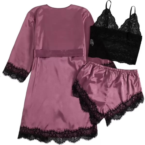 WDIRARA Women's 3pcs Satin Floral Lace Cami Top and Shorts Lingerie Pajama Set with Robe