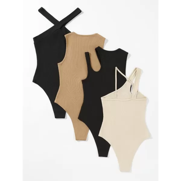 WDIRARA Women's 4 Pieces Cutout Crisscross Asymmetrical Rib Knit Skinny Bodysuit
