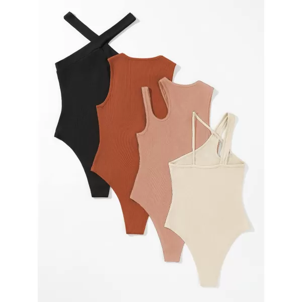 WDIRARA Women's 4 Pieces Cutout Crisscross Asymmetrical Rib Knit Skinny Bodysuit