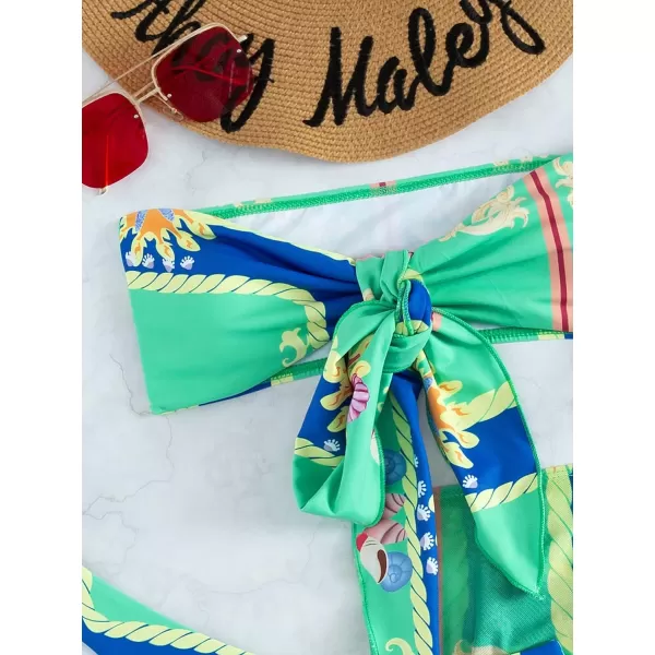 WDIRARA Women's 4 Pieces Floral Print Tie Front Bikini Swimsuit with Beach Skirt and Headband
