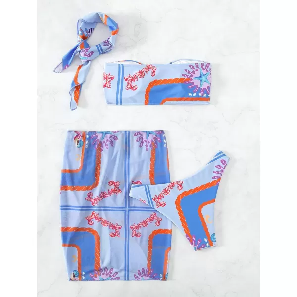WDIRARA Women's 4 Pieces Floral Print Tie Front Bikini Swimsuit with Beach Skirt and Headband