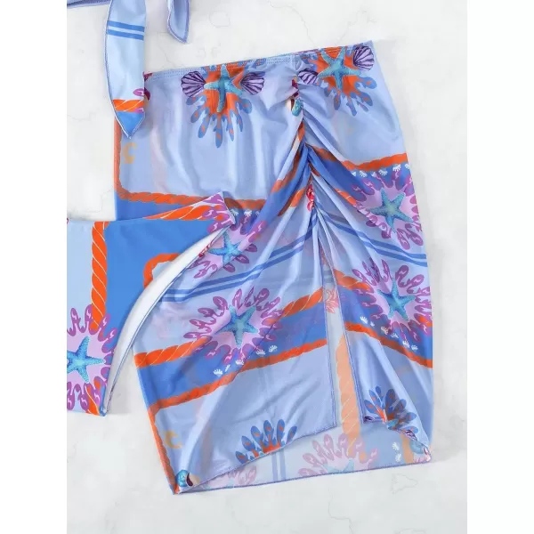 WDIRARA Women's 4 Pieces Floral Print Tie Front Bikini Swimsuit with Beach Skirt and Headband