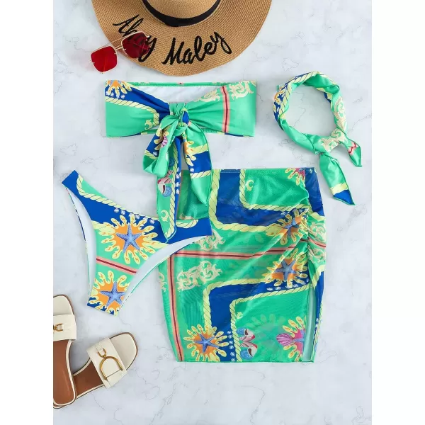 WDIRARA Women's 4 Pieces Floral Print Tie Front Bikini Swimsuit with Beach Skirt and Headband