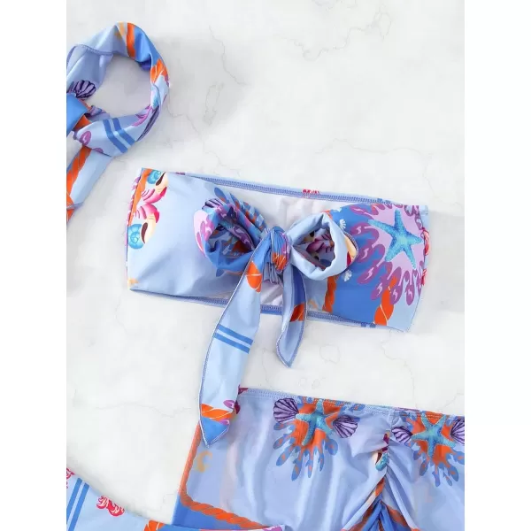WDIRARA Women's 4 Pieces Floral Print Tie Front Bikini Swimsuit with Beach Skirt and Headband