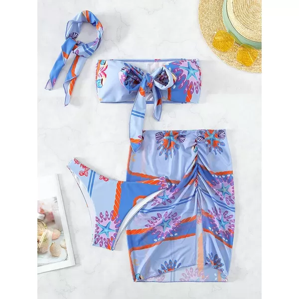 WDIRARA Women's 4 Pieces Floral Print Tie Front Bikini Swimsuit with Beach Skirt and Headband