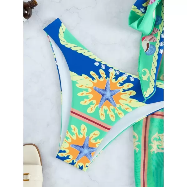 WDIRARA Women's 4 Pieces Floral Print Tie Front Bikini Swimsuit with Beach Skirt and Headband