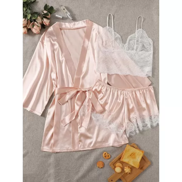 WDIRARA Women's 4 pcs Floral Print Satin Dress Cami Shorts Pajama Set with Robe