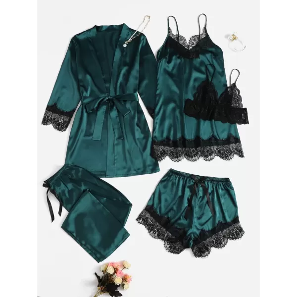 WDIRARA Women's 4 pcs Floral Print Satin Dress Cami Shorts Pajama Set with Robe