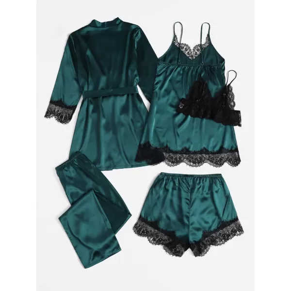 WDIRARA Women's 4 pcs Floral Print Satin Dress Cami Shorts Pajama Set with Robe
