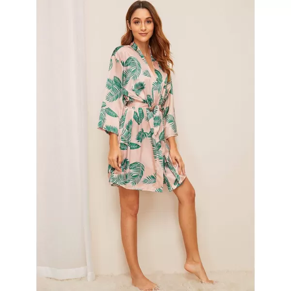 WDIRARA Women's 4 pcs Floral Print Satin Dress Cami Shorts Pajama Set with Robe