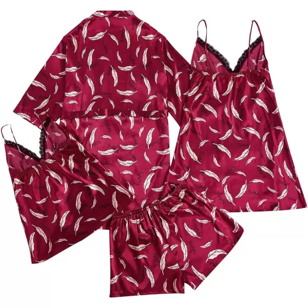 WDIRARA Women's 4 pcs Floral Print Satin Dress Cami Shorts Pajama Set with Robe