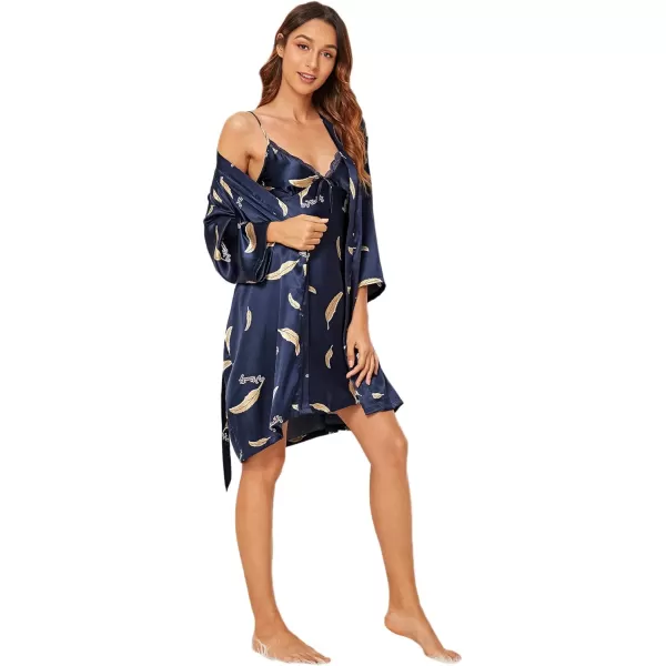 WDIRARA Women's 4 pcs Floral Print Satin Dress Cami Shorts Pajama Set with Robe
