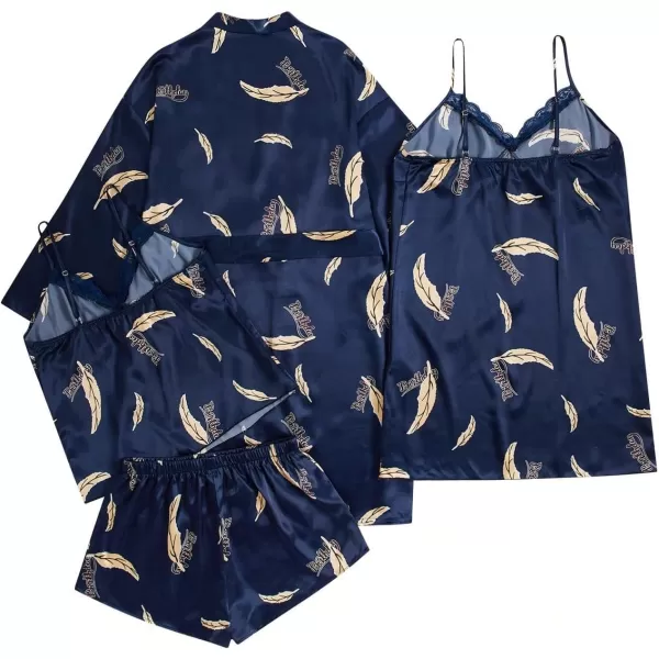 WDIRARA Women's 4 pcs Floral Print Satin Dress Cami Shorts Pajama Set with Robe